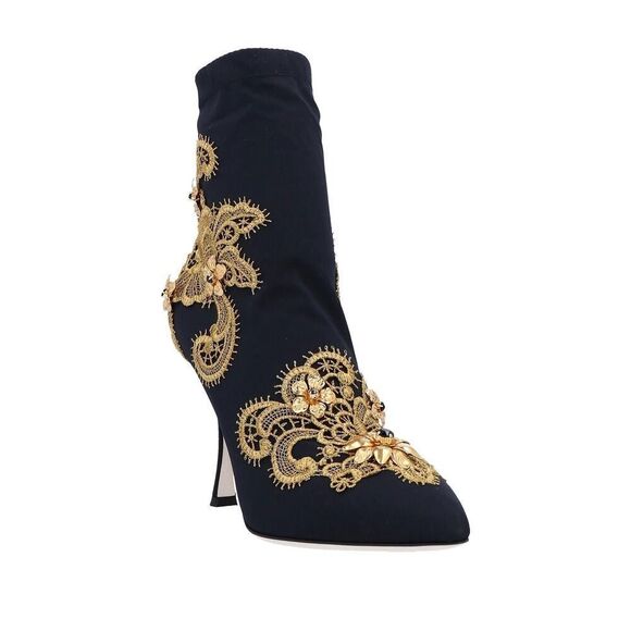 DOLCE & GABBANA Lori 100 Baroque Embroidery Lace Stretch Sock Boot Black Gold 35 - Picture 7 of 8
